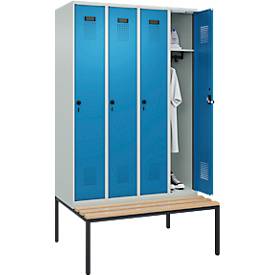 Kleiderspind C+P Evolo Plus, 4 Abteile, 300 mm Abteilbreite, mit untergebauter Sitzbank, B 1200 x T 815 x H 2120 mm, Drehriegel, lichtgrau/lichtblau