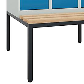 Kleiderspind C+P Evolo Plus, 4 Abteile, 300 mm Abteilbreite, mit untergebauter Sitzbank, B 1200 x T 815 x H 2120 mm, Drehriegel, lichtgrau/lichtblau