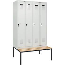 Kleiderspind C+P Evolo Plus, 4 Abteile, 300 mm Abteilbreite, mit untergebauter Sitzbank, B 1200 x T 815 x H 2120 mm, Drehriegel, lichtgrau/lichtgrau