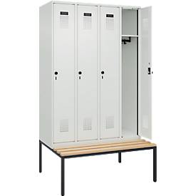 Kleiderspind C+P Evolo Plus, 4 Abteile, 300 mm Abteilbreite, mit untergebauter Sitzbank, B 1200 x T 815 x H 2120 mm, Drehriegel, lichtgrau/lichtgrau