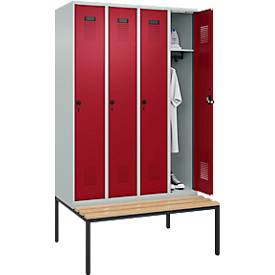 Kleiderspind C+P Evolo Plus, 4 Abteile, 300 mm Abteilbreite, mit untergebauter Sitzbank, B 1200 x T 815 x H 2120 mm, Drehriegel, lichtgrau/rubinrot