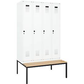 Kleiderspind C+P Evolo Plus, 4 Abteile, 300 mm Abteilbreite, mit untergebauter Sitzbank, B 1200 x T 815 x H 2120 mm, Drehriegel, verkehrsweiß/verkehrsweiß