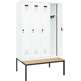 Kleiderspind C+P Evolo Plus, 4 Abteile, 300 mm Abteilbreite, mit untergebauter Sitzbank, B 1200 x T 815 x H 2120 mm, Drehriegel, verkehrsweiß/verkehrsweiß