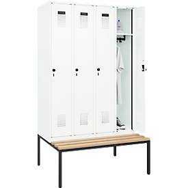 Kleiderspind C+P Evolo Plus, 4 Abteile, 300 mm Abteilbreite, mit untergebauter Sitzbank, B 1200 x T 815 x H 2120 mm, Drehriegel, verkehrsweiß/verkehrsweiß