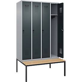 Kleiderspind C+P Evolo Plus, 4 Abteile, 300 mm Abteilbreite, mit untergebauter Sitzbank, B 1200 x T 815 x H 2120 mm, Drehriegel, weißaluminium/anthrazitgrau
