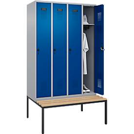 Kleiderspind C+P Evolo Plus, 4 Abteile, 300 mm Abteilbreite, mit untergebauter Sitzbank, B 1200 x T 815 x H 2120 mm, Drehriegel, weißaluminium/enzianblau