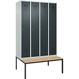 Kleiderspind C+P Evolo Plus, 4 Abteile, 300 mm Abteilbreite, mit untergebauter Sitzbank, B 1200 x T 815 x H 2120 mm, Zylinder, lichtgrau/anthrazitgrau