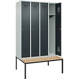 Kleiderspind C+P Evolo Plus, 4 Abteile, 300 mm Abteilbreite, mit untergebauter Sitzbank, B 1200 x T 815 x H 2120 mm, Zylinder, lichtgrau/anthrazitgrau