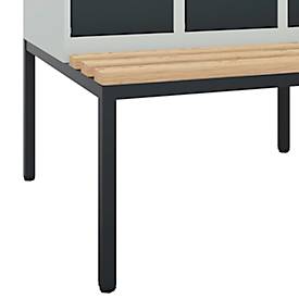 Kleiderspind C+P Evolo Plus, 4 Abteile, 300 mm Abteilbreite, mit untergebauter Sitzbank, B 1200 x T 815 x H 2120 mm, Zylinder, lichtgrau/anthrazitgrau