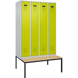 Kleiderspind C+P Evolo Plus, 4 Abteile, 300 mm Abteilbreite, mit untergebauter Sitzbank, B 1200 x T 815 x H 2120 mm, Zylinder, lichtgrau/clowngrün