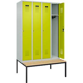 Kleiderspind C+P Evolo Plus, 4 Abteile, 300 mm Abteilbreite, mit untergebauter Sitzbank, B 1200 x T 815 x H 2120 mm, Zylinder, lichtgrau/clowngrün