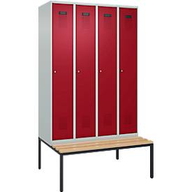 Kleiderspind C+P Evolo Plus, 4 Abteile, 300 mm Abteilbreite, mit untergebauter Sitzbank, B 1200 x T 815 x H 2120 mm, Zylinder, lichtgrau/rubinrot