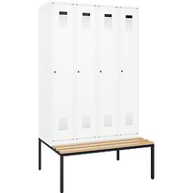 Kleiderspind C+P Evolo Plus, 4 Abteile, 300 mm Abteilbreite, mit untergebauter Sitzbank, B 1200 x T 815 x H 2120 mm, Zylinder, verkehrsweiß/verkehrsweiß