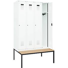 Kleiderspind C+P Evolo Plus, 4 Abteile, 300 mm Abteilbreite, mit untergebauter Sitzbank, B 1200 x T 815 x H 2120 mm, Zylinder, verkehrsweiß/verkehrsweiß