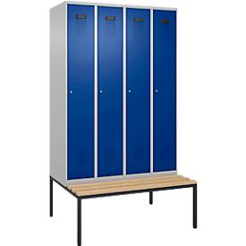 Kleiderspind C+P Evolo Plus, 4 Abteile, 300 mm Abteilbreite, mit untergebauter Sitzbank, B 1200 x T 815 x H 2120 mm, Zylinder, weißaluminium/enzianblau