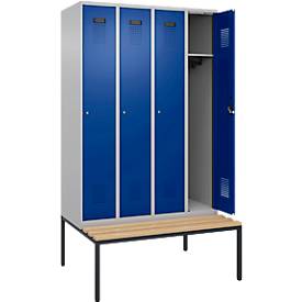 Kleiderspind C+P Evolo Plus, 4 Abteile, 300 mm Abteilbreite, mit untergebauter Sitzbank, B 1200 x T 815 x H 2120 mm, Zylinder, weißaluminium/enzianblau