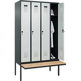 Kleiderspind C+P Evolo Plus, 4 Abteile à 300 mm Breite, schwebende Sitzbank, B 1200 x T 815 x H 2120 mm, Drehriegel, anthrazitgrau/lichtgrau