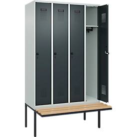 Kleiderspind C+P Evolo Plus, 4 Abteile à 300 mm Breite, schwebende Sitzbank, B 1200 x T 815 x H 2120 mm, Drehriegel, lichtgrau/anthrazit