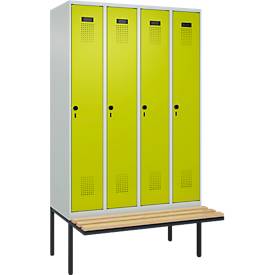 Kleiderspind C+P Evolo Plus, 4 Abteile à 300 mm Breite, schwebende Sitzbank, B 1200 x T 815 x H 2120 mm, Drehriegel, lichtgrau/clowngrün