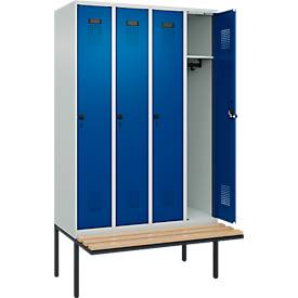 Kleiderspind C+P Evolo Plus, 4 Abteile à 300 mm Breite, schwebende Sitzbank, B 1200 x T 815 x H 2120 mm, Drehriegel, lichtgrau/enzianblau
