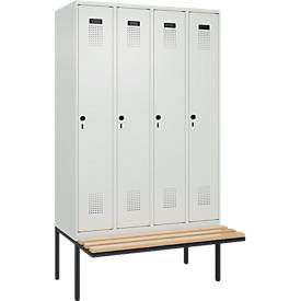 Kleiderspind C+P Evolo Plus, 4 Abteile à 300 mm Breite, schwebende Sitzbank, B 1200 x T 815 x H 2120 mm, Drehriegel, lichtgrau/lichtgrau