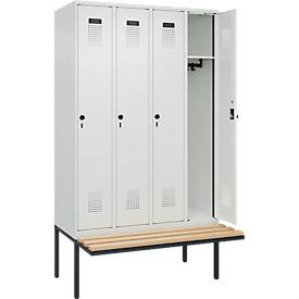 Kleiderspind C+P Evolo Plus, 4 Abteile à 300 mm Breite, schwebende Sitzbank, B 1200 x T 815 x H 2120 mm, Drehriegel, lichtgrau/lichtgrau
