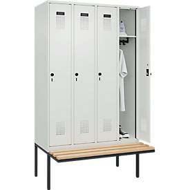 Kleiderspind C+P Evolo Plus, 4 Abteile à 300 mm Breite, schwebende Sitzbank, B 1200 x T 815 x H 2120 mm, Drehriegel, lichtgrau/lichtgrau