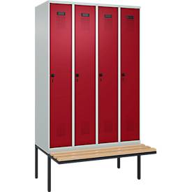 Kleiderspind C+P Evolo Plus, 4 Abteile à 300 mm Breite, schwebende Sitzbank, B 1200 x T 815 x H 2120 mm, Drehriegel, lichtgrau/rubinrot