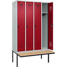 Kleiderspind C+P Evolo Plus, 4 Abteile à 300 mm Breite, schwebende Sitzbank, B 1200 x T 815 x H 2120 mm, Drehriegel, lichtgrau/rubinrot