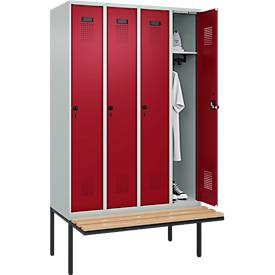 Kleiderspind C+P Evolo Plus, 4 Abteile à 300 mm Breite, schwebende Sitzbank, B 1200 x T 815 x H 2120 mm, Drehriegel, lichtgrau/rubinrot