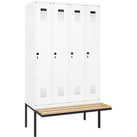 Kleiderspind C+P Evolo Plus, 4 Abteile à 300 mm Breite, schwebende Sitzbank, B 1200 x T 815 x H 2120 mm, Drehriegel, verkehrsweiß/verkehrsweiß