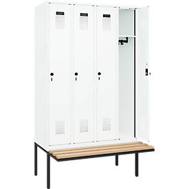 Kleiderspind C+P Evolo Plus, 4 Abteile à 300 mm Breite, schwebende Sitzbank, B 1200 x T 815 x H 2120 mm, Drehriegel, verkehrsweiß/verkehrsweiß