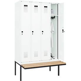 Kleiderspind C+P Evolo Plus, 4 Abteile à 300 mm Breite, schwebende Sitzbank, B 1200 x T 815 x H 2120 mm, Drehriegel, verkehrsweiß/verkehrsweiß