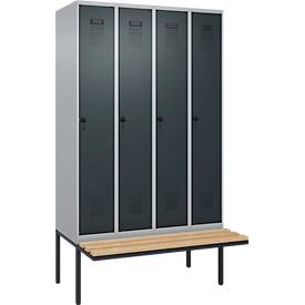 Kleiderspind C+P Evolo Plus, 4 Abteile à 300 mm Breite, schwebende Sitzbank, B 1200 x T 815 x H 2120 mm, Drehriegel, weißaluminium/anthrazit
