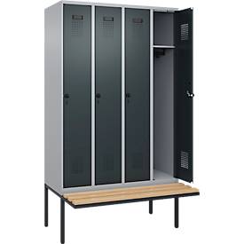 Kleiderspind C+P Evolo Plus, 4 Abteile à 300 mm Breite, schwebende Sitzbank, B 1200 x T 815 x H 2120 mm, Drehriegel, weißaluminium/anthrazit