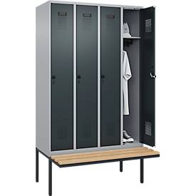 Kleiderspind C+P Evolo Plus, 4 Abteile à 300 mm Breite, schwebende Sitzbank, B 1200 x T 815 x H 2120 mm, Drehriegel, weißaluminium/anthrazit