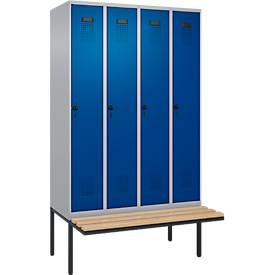 Kleiderspind C+P Evolo Plus, 4 Abteile à 300 mm Breite, schwebende Sitzbank, B 1200 x T 815 x H 2120 mm, Drehriegel, weißaluminium/enzianblau