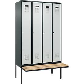 Kleiderspind C+P Evolo Plus, 4 Abteile à 300 mm Breite, schwebende Sitzbank, B 1200 x T 815 x H 2120 mm, Zylinder, anthrazitgrau/lichtgrau