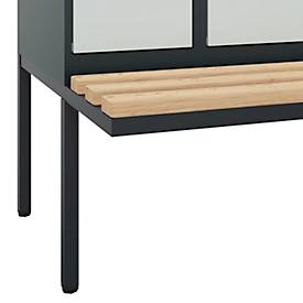 Kleiderspind C+P Evolo Plus, 4 Abteile à 300 mm Breite, schwebende Sitzbank, B 1200 x T 815 x H 2120 mm, Zylinder, anthrazitgrau/lichtgrau