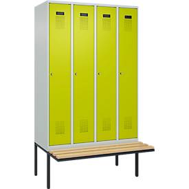Kleiderspind C+P Evolo Plus, 4 Abteile à 300 mm Breite, schwebende Sitzbank, B 1200 x T 815 x H 2120 mm, Zylinder, lichtgrau/clowngrün