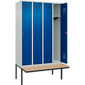 Kleiderspind C+P Evolo Plus, 4 Abteile à 300 mm Breite, schwebende Sitzbank, B 1200 x T 815 x H 2120 mm, Zylinder, lichtgrau/enzianblau