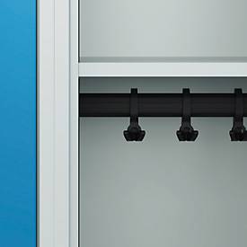 Kleiderspind C+P Evolo Plus, 4 Abteile à 300 mm Breite, schwebende Sitzbank, B 1200 x T 815 x H 2120 mm, Zylinder, lichtgrau/lichtblau