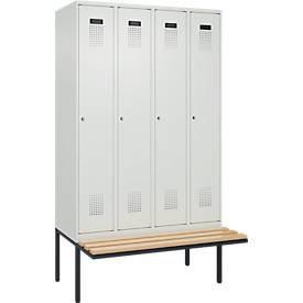 Kleiderspind C+P Evolo Plus, 4 Abteile à 300 mm Breite, schwebende Sitzbank, B 1200 x T 815 x H 2120 mm, Zylinder, lichtgrau/lichtgrau