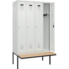 Kleiderspind C+P Evolo Plus, 4 Abteile à 300 mm Breite, schwebende Sitzbank, B 1200 x T 815 x H 2120 mm, Zylinder, lichtgrau/lichtgrau