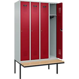Kleiderspind C+P Evolo Plus, 4 Abteile à 300 mm Breite, schwebende Sitzbank, B 1200 x T 815 x H 2120 mm, Zylinder, lichtgrau/rubinrot