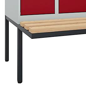 Kleiderspind C+P Evolo Plus, 4 Abteile à 300 mm Breite, schwebende Sitzbank, B 1200 x T 815 x H 2120 mm, Zylinder, lichtgrau/rubinrot