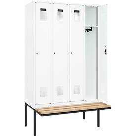 Kleiderspind C+P Evolo Plus, 4 Abteile à 300 mm Breite, schwebende Sitzbank, B 1200 x T 815 x H 2120 mm, Zylinder, verkehrsweiß/verkehrsweiß