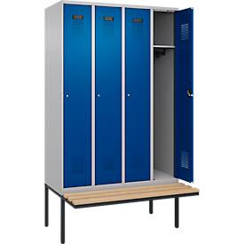 Kleiderspind C+P Evolo Plus, 4 Abteile à 300 mm Breite, schwebende Sitzbank, B 1200 x T 815 x H 2120 mm, Zylinder, weißaluminium/enzianblau