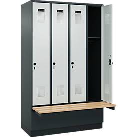 Kleiderspind C+P Evolo Plus, 4 Abteile à 300 mm Breite, Sockel, schwebende Sitzbank, B 1200 x T 815 x H 1950 mm, Drehriegel, anthrazitgrau/lichtgrau