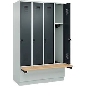 Kleiderspind C+P Evolo Plus, 4 Abteile à 300 mm Breite, Sockel, schwebende Sitzbank, B 1200 x T 815 x H 1950 mm, Drehriegel, lichtgrau/anthrazitgrau